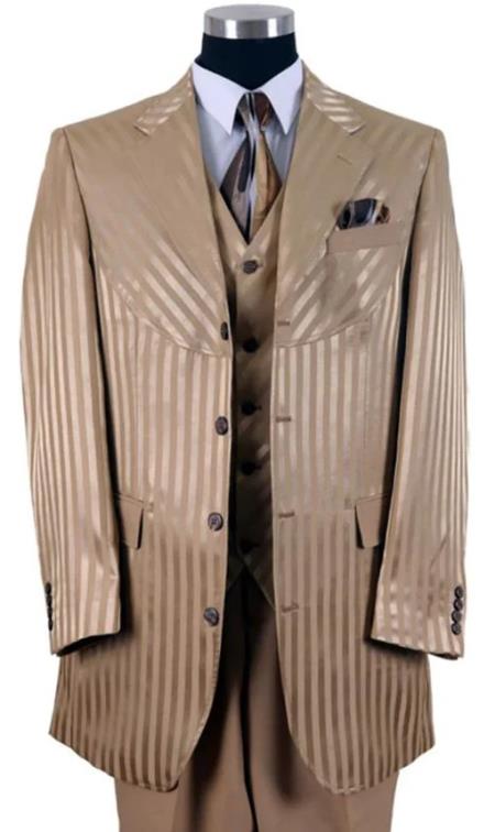 Mens 4 Button Semi Wide Leg Shiny Tonal Stripe Fashion Suit in Gold