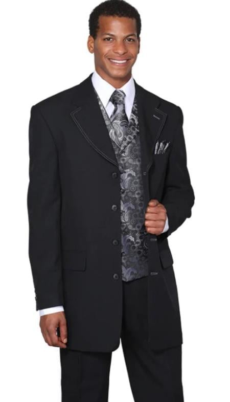 Mens 4 Button Long Vested Single Breasted Fashion Suit in Black with Silver Paisley Vest