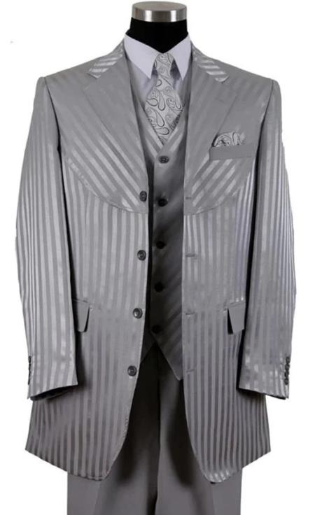 Mens 4 Button Notch Label Semi Wide Leg Shiny Tonal Stripe Fashion Suit in Silver