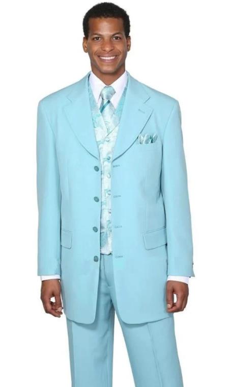 Mens 4 Button Single Breasted Long Vested Fashion Suit in Sky Blue with Paisley Vest