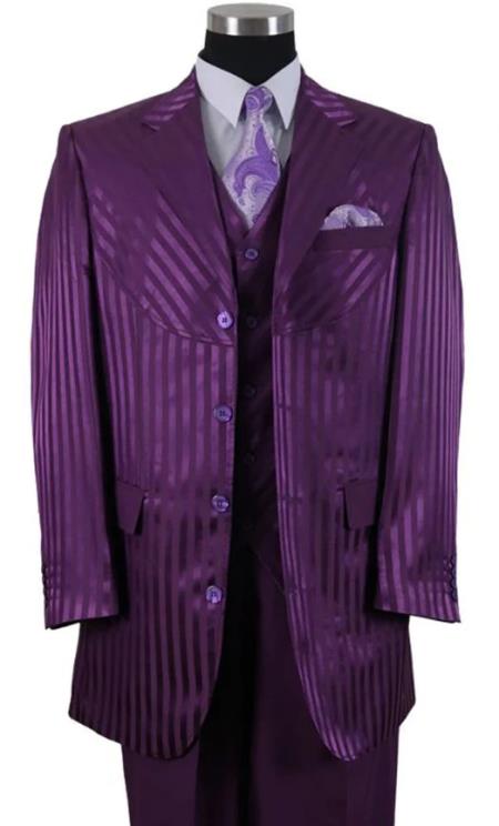 Mens 4 Button Single Breasted Semi Wide Leg Shiny Tonal Stripe Fashion Suit in Purple