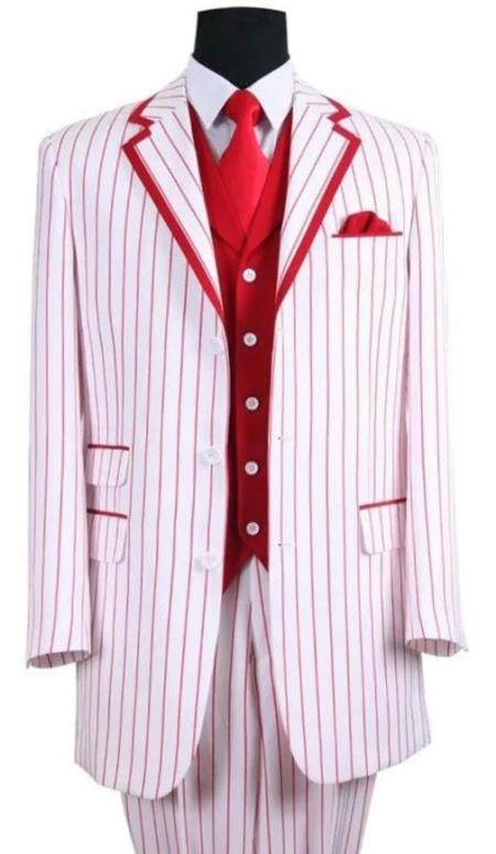 Mens 3 Button Classic Fit Vested in White with Red Pinstripes