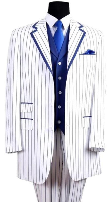 Mens 3 Button Single Breasted Vested in White with Royal Blue Pinstripes