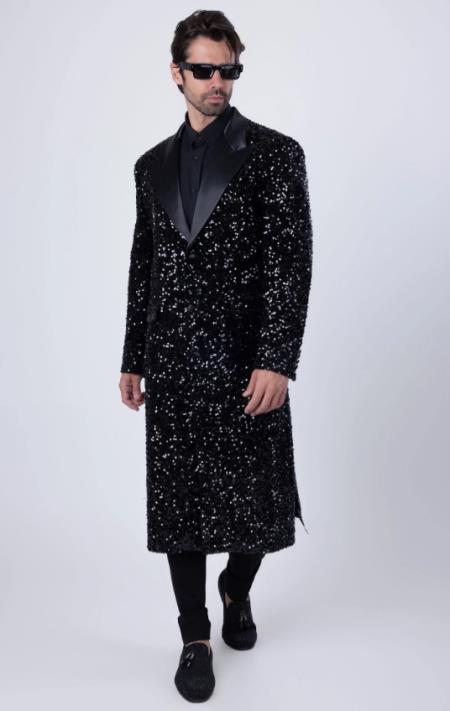 Black Sequin Topcoat - Shiny Sparkly Overcoat - Shiny Blazer