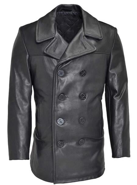 Mens Button Closure Naval Black Leather Peacoat