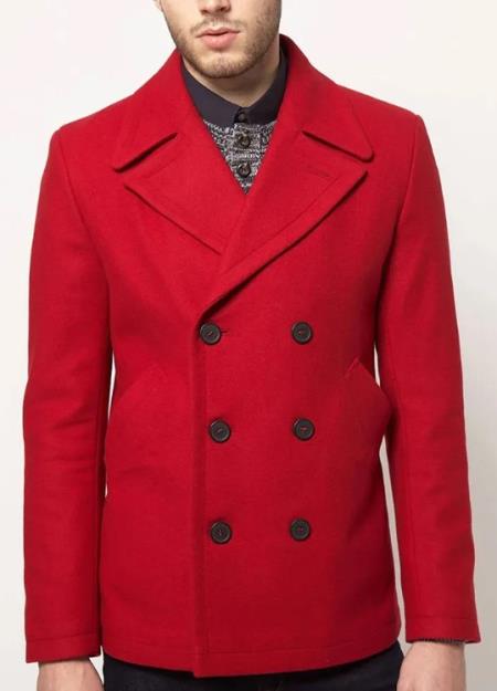 Mens Double Breasted Red Wool Peacoat