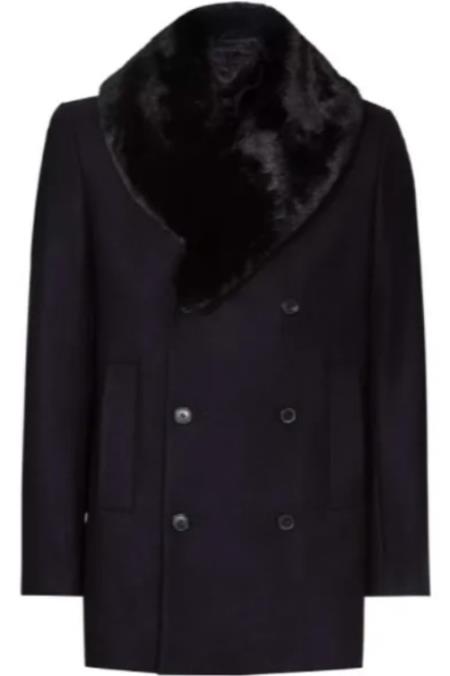 Mens Double Breasted Blue Peacoat with Faux Fur Trimmed