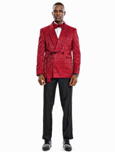 Paisley Blazer - Prom Tuxedo Dinner Jacket - Burgundy Color Shawl Collar - Double Breasted Style