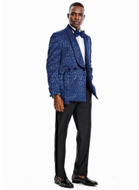 Paisley Blazer - Prom Tuxedo Dinner Jacket - Blue Color Shawl Collar - Double Breasted Style