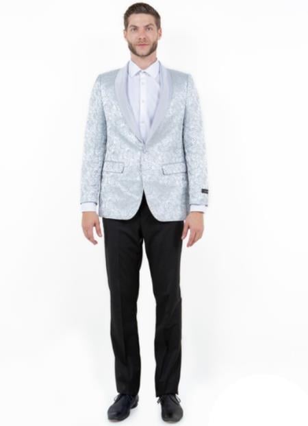 Paisley Blazer - Prom Tuxedo Dinner Jacket - Silver Color Shawl Collar - Free Matching Bowtie