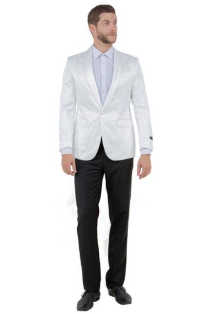 Paisley Blazer - Prom Tuxedo Dinner Jacket - White Color Shawl Collar - Free Matching Bowtie