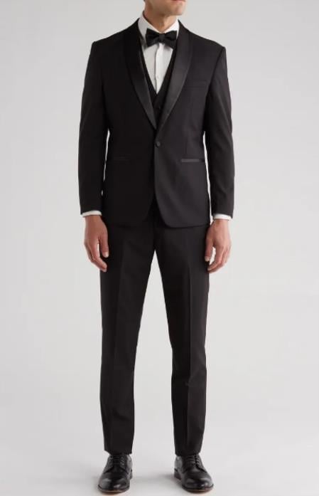 Shawl Collar Tuxedo Vested Suit - Black Wedding Prom Suit