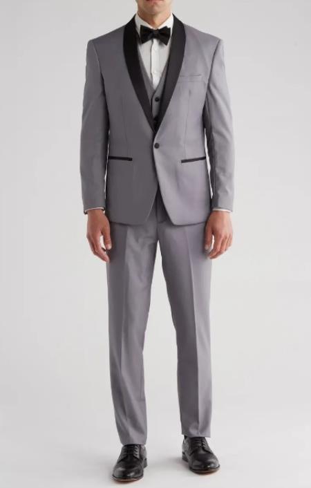 Shawl Collar Tuxedo Vested Suit - Grey Wedding Prom Suit