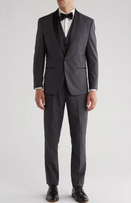 Shawl Collar Tuxedo Vested Suit - Charcoal Wedding Prom Suit