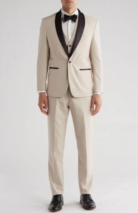 Shawl Collar Tuxedo Vested Suit - Light Beige Wedding Prom Suit