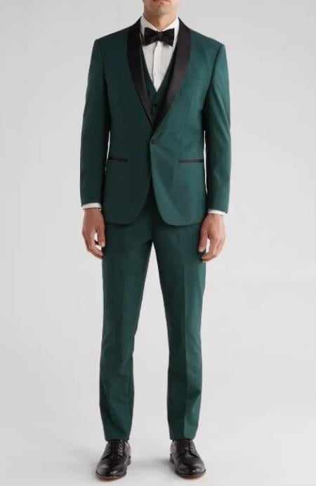 Shawl Collar Tuxedo Vested Suit - Hunter Green Wedding Prom Suit