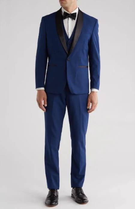 Shawl Collar Tuxedo Vested Suit - Indigo Wedding Prom Suit