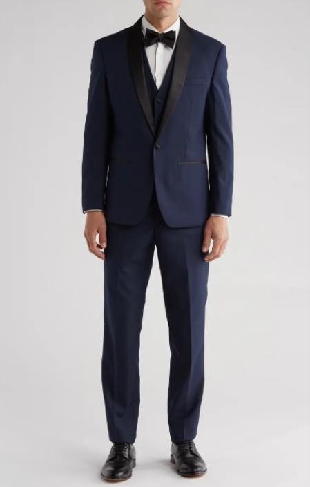 Shawl Collar Tuxedo Vested Suit - Navy Wedding Prom Suit