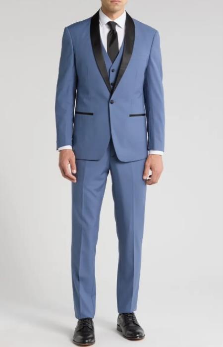 Shawl Collar Tuxedo Vested Suit - Slate Blue Wedding Prom Suit