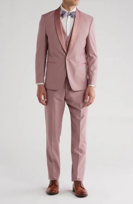 Shawl Collar Tuxedo Vested Suit - Dusty Rose Wedding Prom Suit