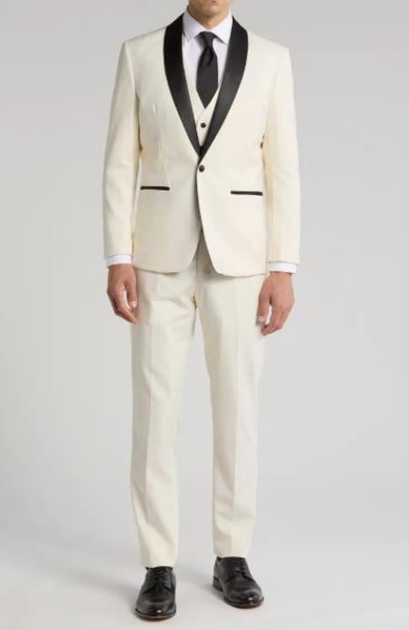 Shawl Collar Tuxedo Vested Suit - Ivory Wedding Prom Suit