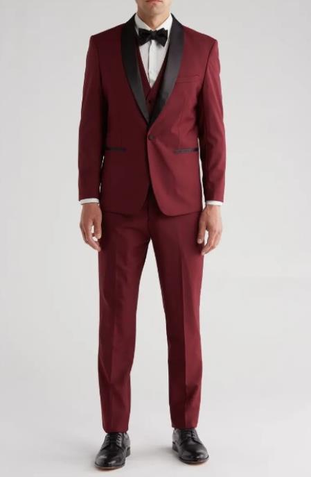 Shawl Collar Tuxedo Vested Suit - Burgundy Wedding Prom Suit