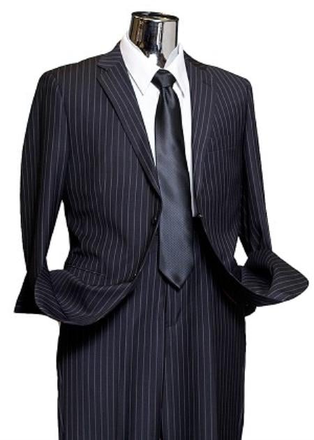1930s Style Men’s Suits, Sportscoats 2 Button Navy Wide Pinstripe Suit Mens $189.00 AT vintagedancer.com