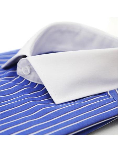 Men's Blue Cotton Striped Pattern Slim Fit French Cuff Dress