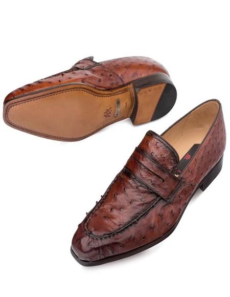 Rich Brandy Color Ostrich Skin Leather Lining Penny Loafers