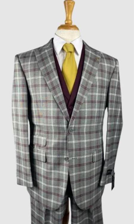 2-Buttons Check Pattern Single Breasted Peak Lapel Suit