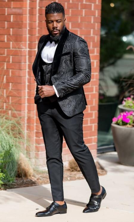 Paisley Suit - Velvet Suit - Black Tuxedos Big Shawl Collar