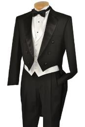  Black Full Dress TailCoat Collar 6 Buttons Pleated Pants + White Vest