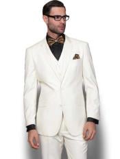  Mens 3 Piece Italian Wool Slim Fit  Cream Vested Suit