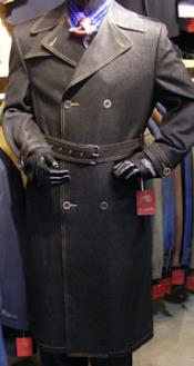 Mens Dress Coat Double Breasted Denim Maxi Coat with a Belt Black