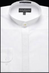  Mens Collarless Embroidered Mandarin Banded Collar Preacher Round Style white Mens Dress