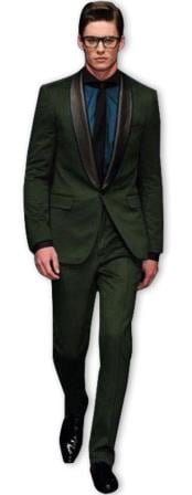  Alberto Nardoni Olive ~ Dark Green Shawl Collar Wool Tuxedo Vested 3PC