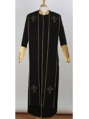  Mens Big & Tall Mandarin Collar Black/Gold Church Cross Accent Robe With
