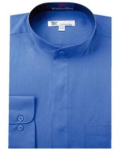  Band Collarless Blue Mens Dress Shirt