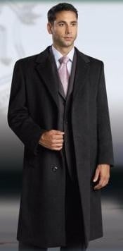  Single Breasted 3 Button Jet Black Mens Dress Coat Full Length Wool