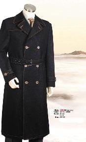  Mens Dress Coat Double Breasted Overcoat denim Jean Fabric Belted Full Length