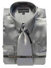  Fashion Cheap Priced Sale Mens New Silver Satin Dress Shirt Combinations Set