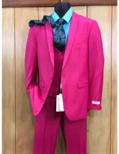  Mens Fuchsia Hot Pink Color 2 Buttons Suit Vested Slim Fit Suit