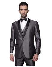  Classic Vested 1 Button Shawl Collar Charcoal Grey Sheen Look With Black