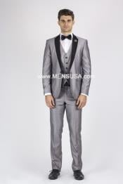 Mens Silver Grey Tux ~ Gray Tuxedo Black Lapel Wedding Groom Suit