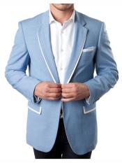  1 Button Sky Blue Summer Blazer With White Trim Accents Tuxedo