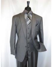  Vinci Mens Shadow Stripe Style Two Buttons Medium Grey  Vested Suit
