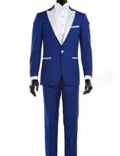  Mens Royal Blue 1 Button  White Satin Lapel Tuxedo Dress Suits