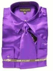  Fashion Cheap Priced Sale Mens New Purple Satin Dress Shirt Combinations Set