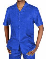  Mens 5 Button Canary 100% Linen Short Sleeve Royal Blue Two Piece