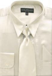  Fashion Cheap Priced Sale Mens Beige Shiny Silky Satin Dress Shirt/Tie Mens